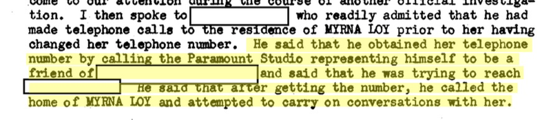 Excerpt from Myrna Loy’s FBI file from a page dated August 10, 1938